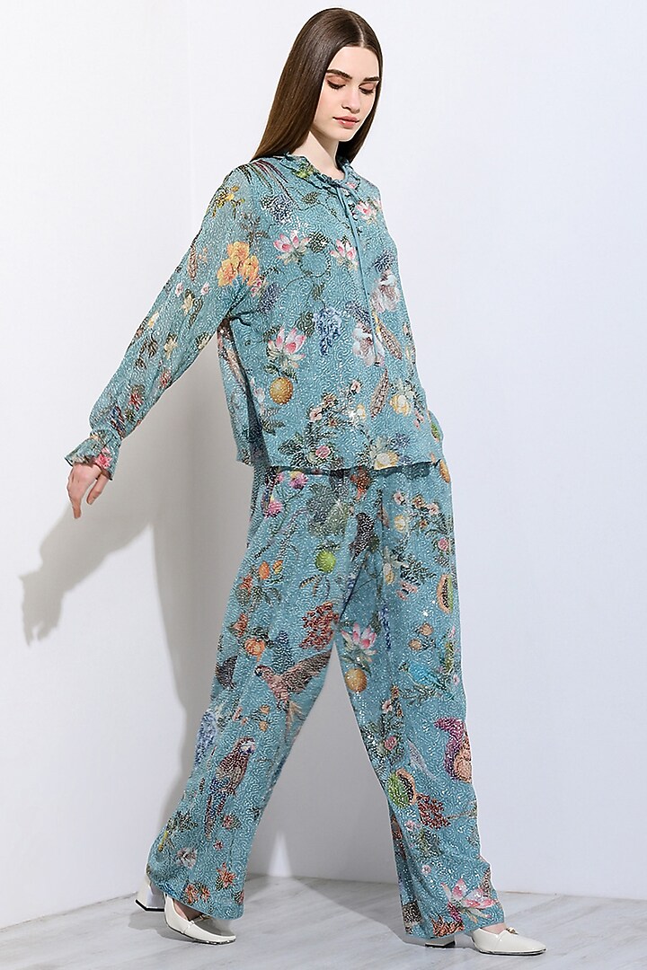Jade Viscose Georgette Floral Printed & Embroidered Co-Ord Set by Ranna Gill at Pernia's Pop Up Shop