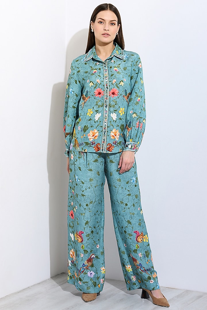 Jade Linen Blend Floral Printed Wide-Leg Pants by Ranna Gill at Pernia's Pop Up Shop