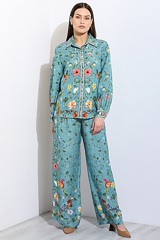 Jade Linen Blend Floral Printed Wide-Leg Pants by Ranna Gill