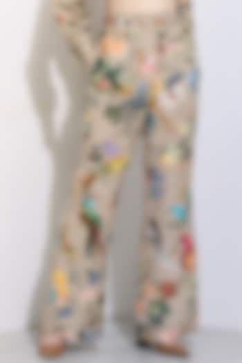 Beige Linen Blend Printed Bootleg Pants by Ranna Gill at Pernia's Pop Up Shop