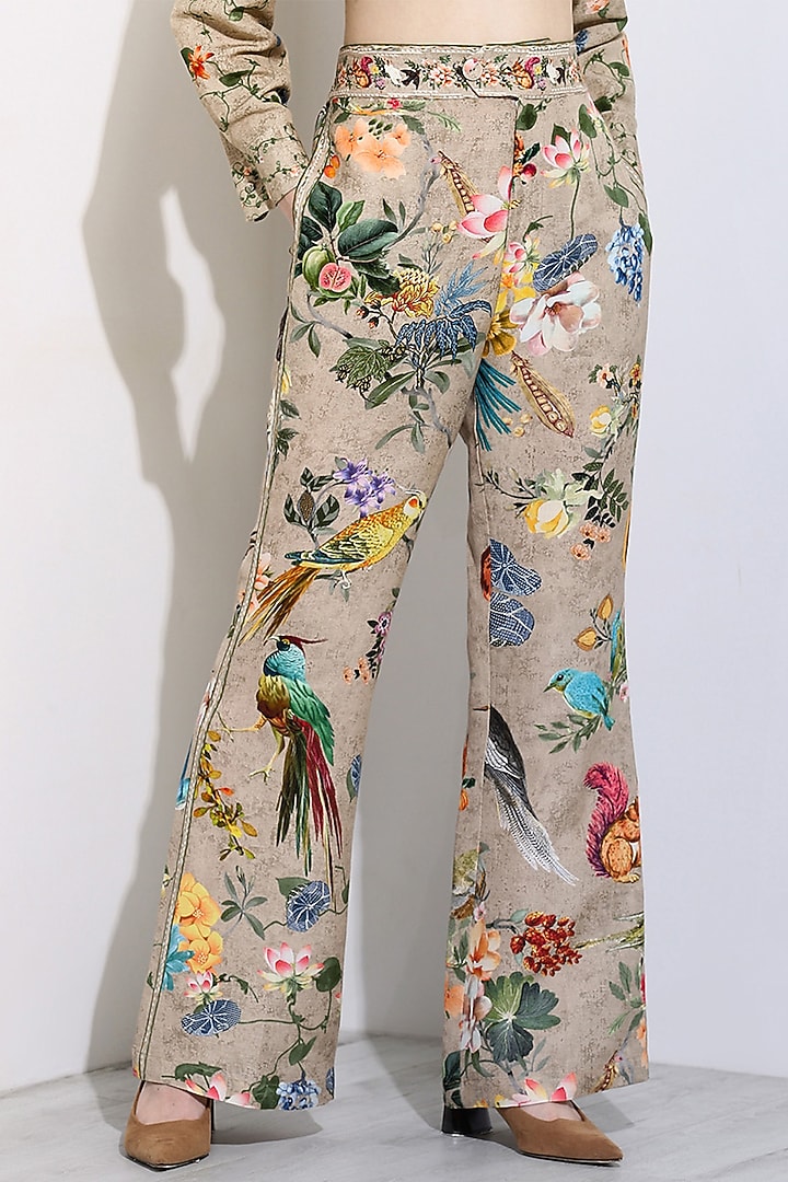 Beige Linen Blend Printed Bootleg Pants by Ranna Gill at Pernia's Pop Up Shop
