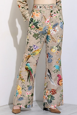Beige Linen Blend Printed Bootleg Pants by Ranna Gill