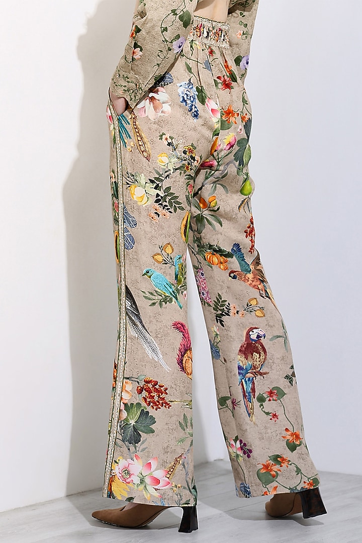 Beige Linen Blend Printed Bootleg Pants by Ranna Gill at Pernia's Pop Up Shop