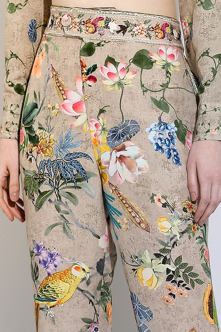 Beige Linen Blend Printed Bootleg Pants by Ranna Gill at Pernia's Pop Up Shop