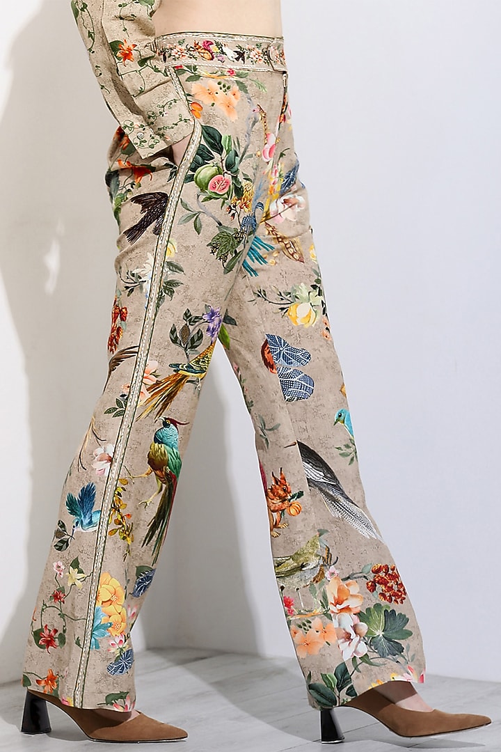 Beige Linen Blend Printed Bootleg Pants by Ranna Gill at Pernia's Pop Up Shop