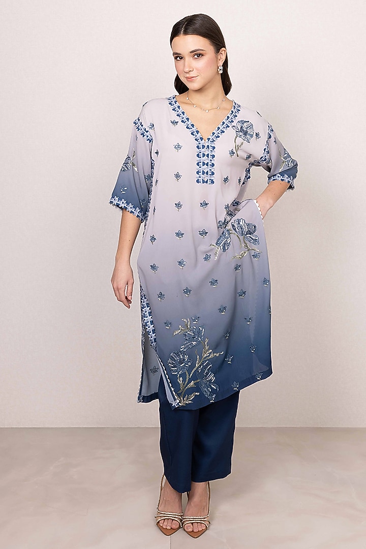Blue Poly Crinkle Embroidered Tunic Set by Ranna Gill at Pernia's Pop Up Shop