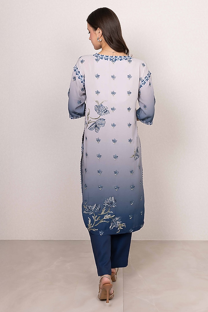 Blue Poly Crinkle Embroidered Tunic Set by Ranna Gill at Pernia's Pop Up Shop