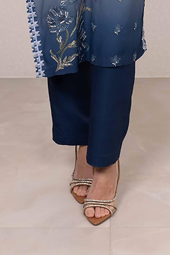 Blue Poly Crinkle Embroidered Tunic Set by Ranna Gill at Pernia's Pop Up Shop