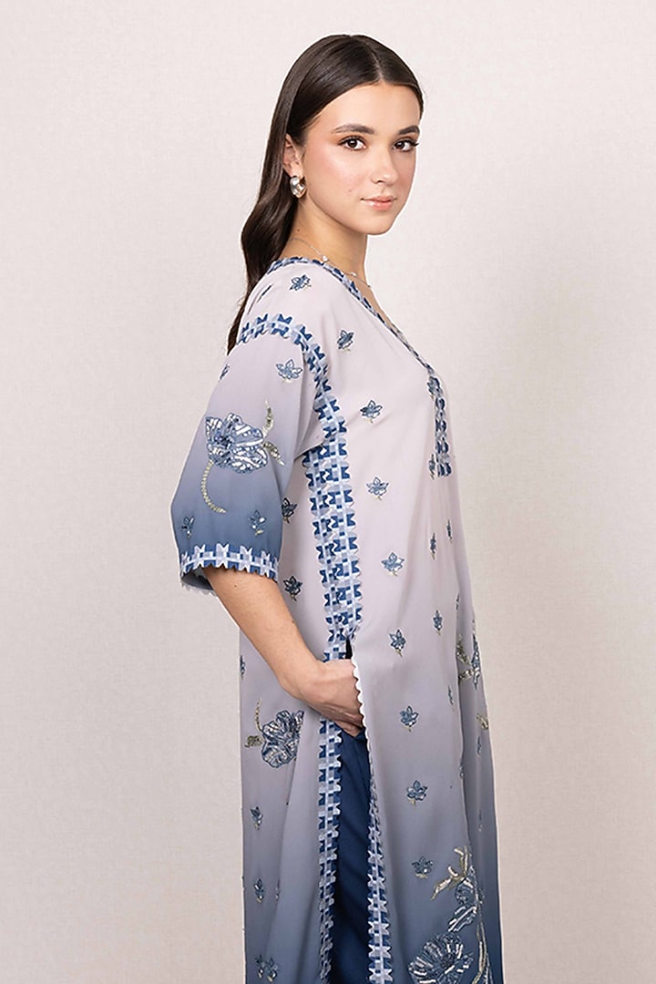 Blue Poly Crinkle Embroidered Tunic Set by Ranna Gill at Pernia's Pop Up Shop