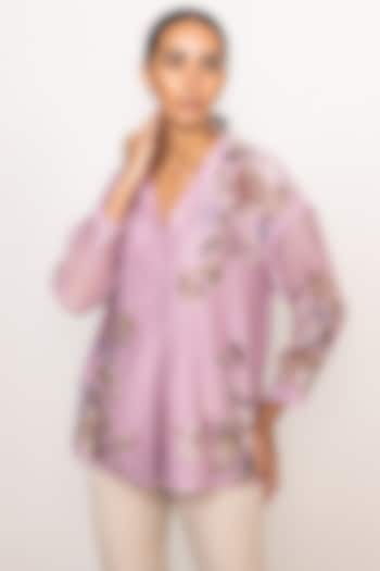 Mauve Linen Floral Printed Blouse by Ranna Gill at Pernia's Pop Up Shop