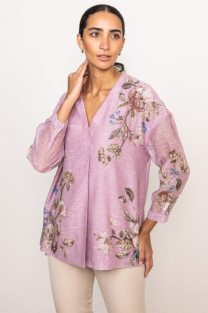 Mauve Linen Floral Printed Blouse by Ranna Gill at Pernia's Pop Up Shop