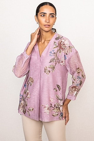 Mauve Linen Floral Printed Blouse by Ranna Gill