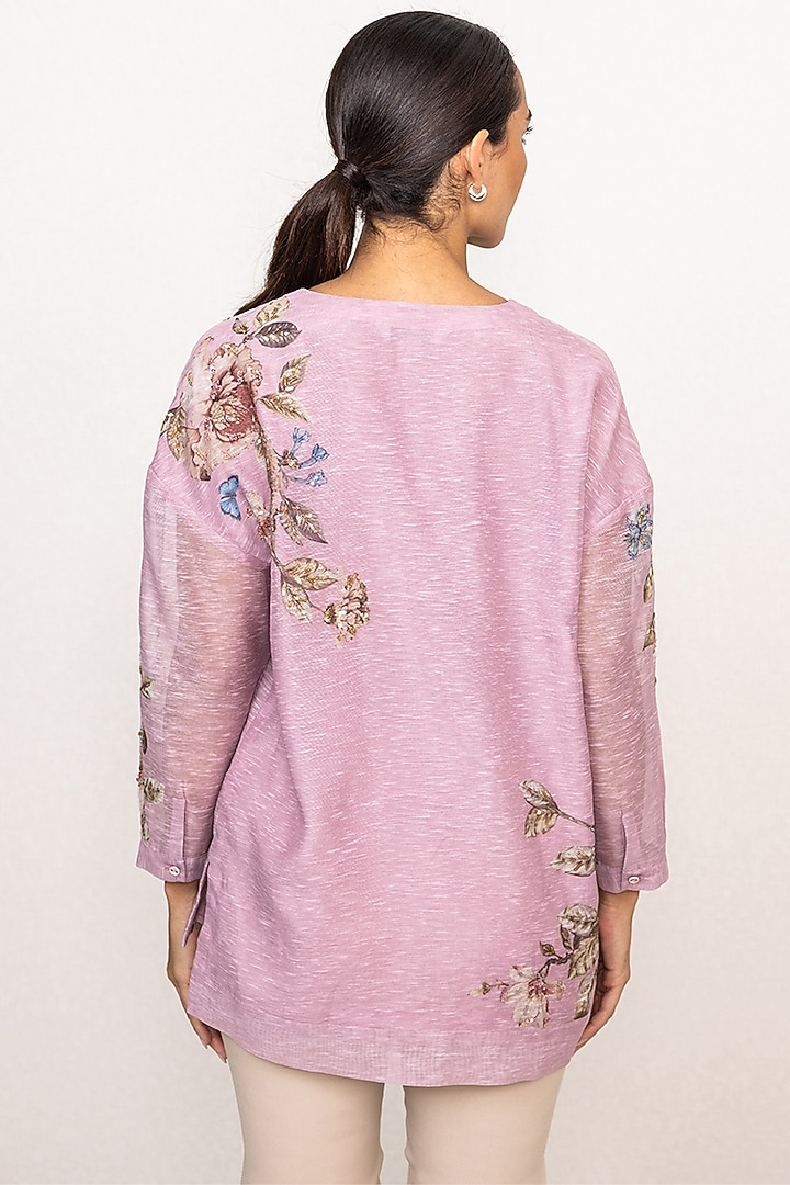 Mauve Linen Floral Printed Blouse by Ranna Gill at Pernia's Pop Up Shop
