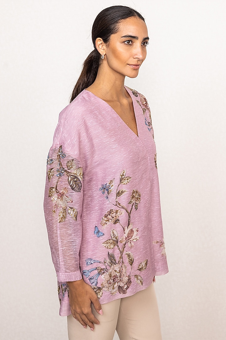 Mauve Linen Floral Printed Blouse by Ranna Gill at Pernia's Pop Up Shop