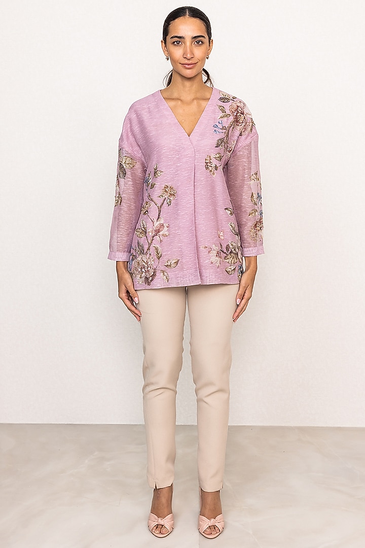Mauve Linen Floral Printed Blouse by Ranna Gill at Pernia's Pop Up Shop