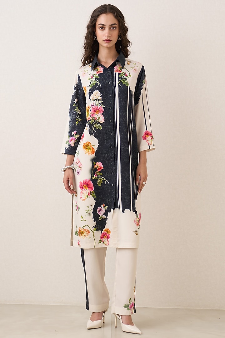 Black & Beige Tencel Floral Printed Tunic Set by Ranna Gill at Pernia's Pop Up Shop