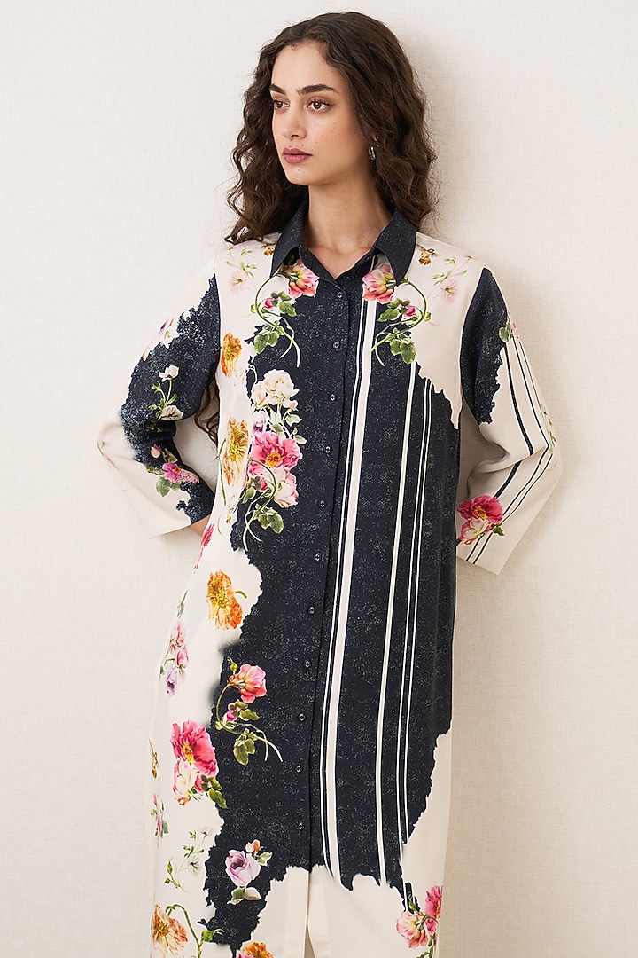 Black & Beige Tencel Floral Printed Tunic Set by Ranna Gill at Pernia's Pop Up Shop