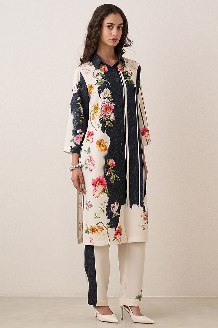 Black & Beige Tencel Floral Printed Tunic Set by Ranna Gill at Pernia's Pop Up Shop