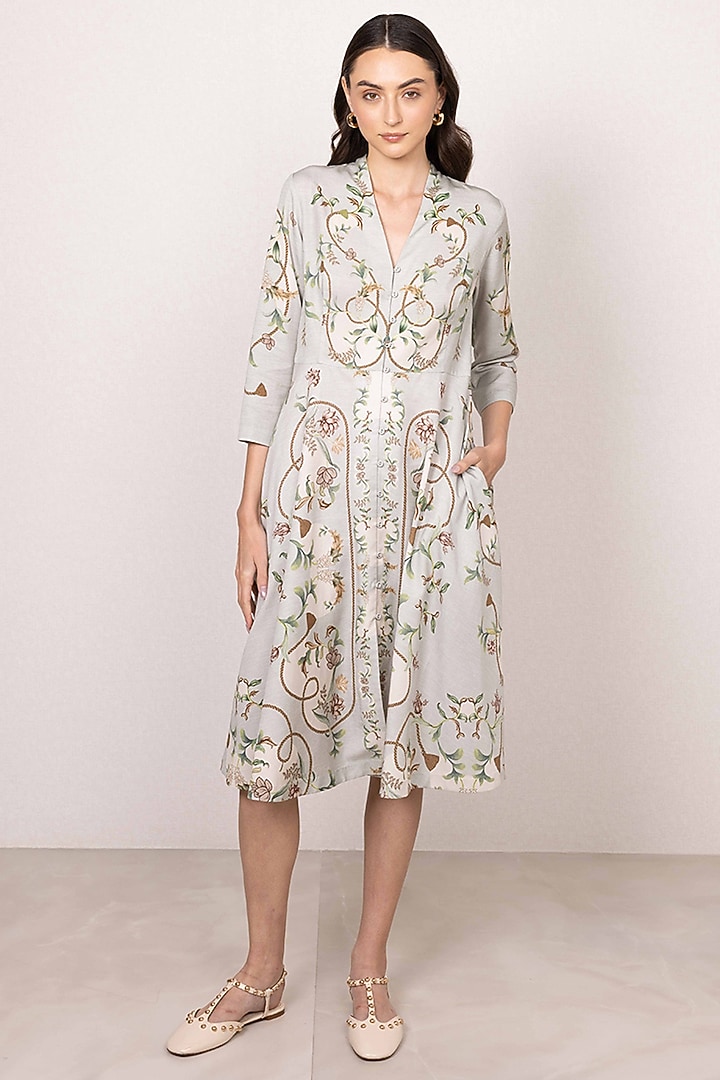 Green Tencel Printed Flared Midi Vacation Dress by Ranna Gill at Pernia's Pop Up Shop