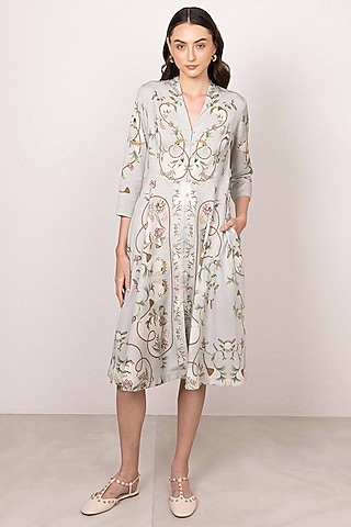 Green Tencel Printed Flared Midi Dress by Ranna Gill