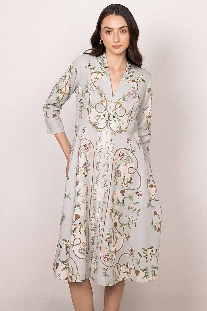 Green Tencel Printed Flared Midi Vacation Dress by Ranna Gill at Pernia's Pop Up Shop