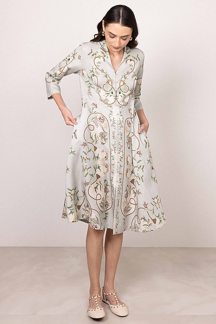 Green Tencel Printed Flared Midi Vacation Dress by Ranna Gill at Pernia's Pop Up Shop