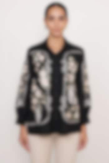 Black Viscose Linen Floral Printed Shirt by Ranna Gill at Pernia's Pop Up Shop