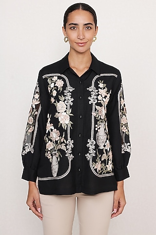 Black Viscose Linen Floral Printed Shirt by Ranna Gill