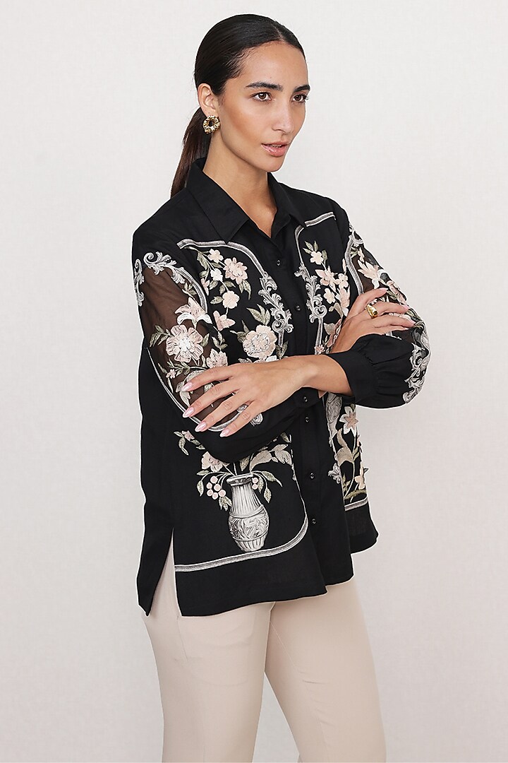 Black Viscose Linen Floral Printed Shirt by Ranna Gill at Pernia's Pop Up Shop