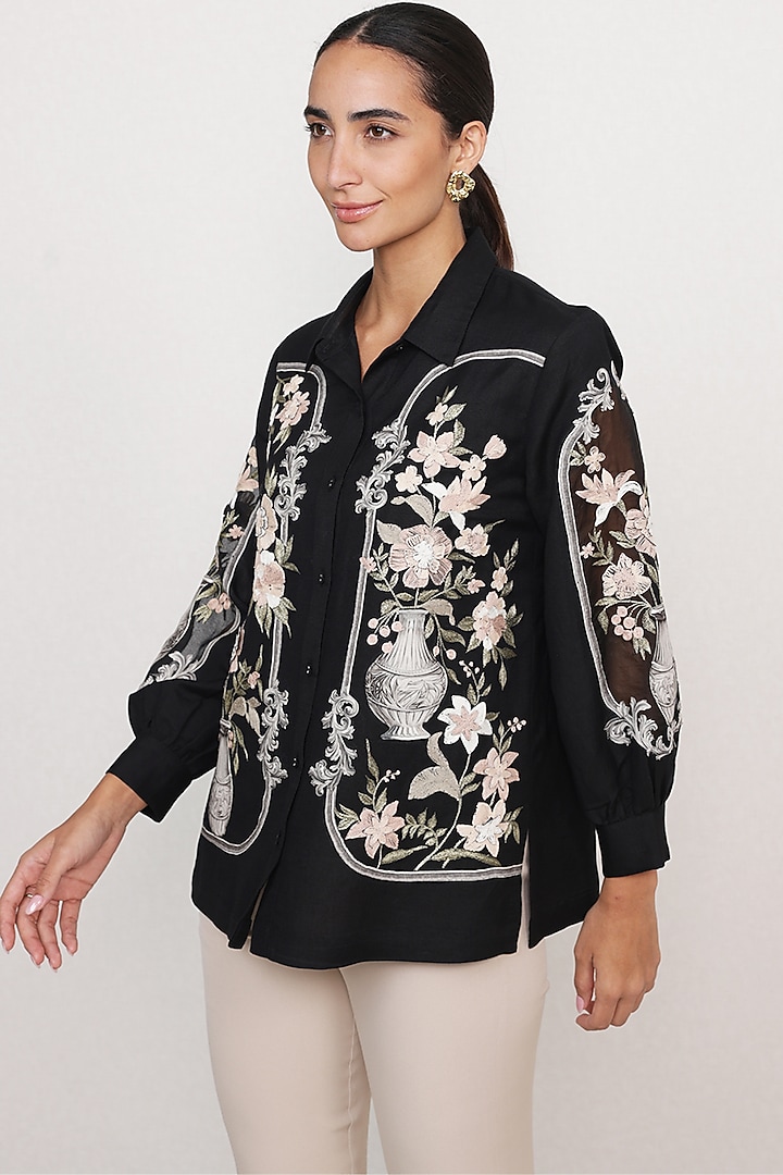 Black Viscose Linen Floral Printed Shirt by Ranna Gill at Pernia's Pop Up Shop