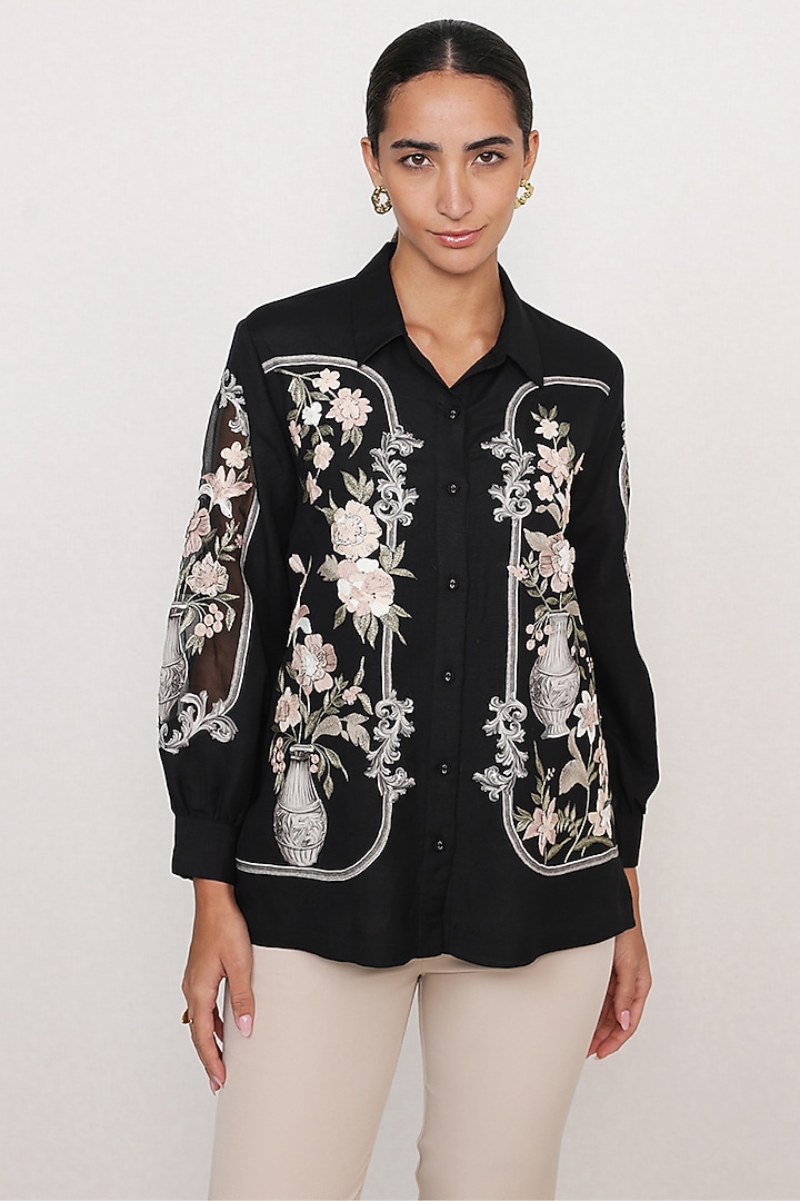 Black Viscose Linen Floral Printed Shirt by Ranna Gill at Pernia's Pop Up Shop