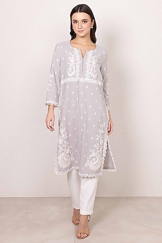 Grey Poly Crinkle Floral Printed & Embroidered Tunic by Ranna Gill