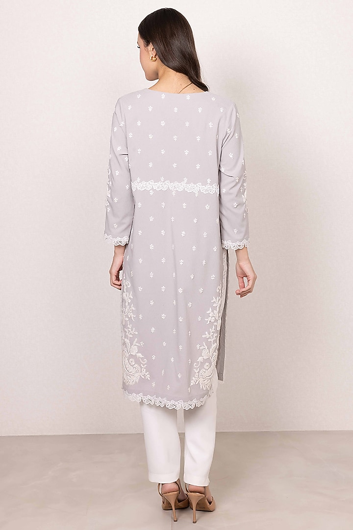 Grey Poly Crinkle Floral Printed & Embroidered Tunic by Ranna Gill at Pernia's Pop Up Shop