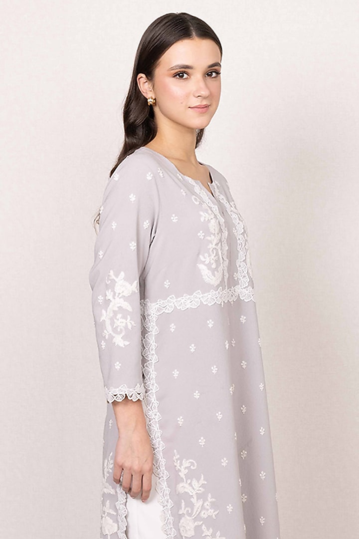 Grey Poly Crinkle Floral Printed & Embroidered Tunic by Ranna Gill at Pernia's Pop Up Shop