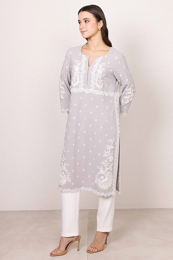 Grey Poly Crinkle Floral Printed & Embroidered Tunic by Ranna Gill at Pernia's Pop Up Shop