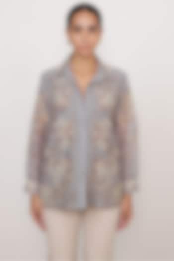 Grey Linen Printed & Embroidered Shirt by Ranna Gill at Pernia's Pop Up Shop