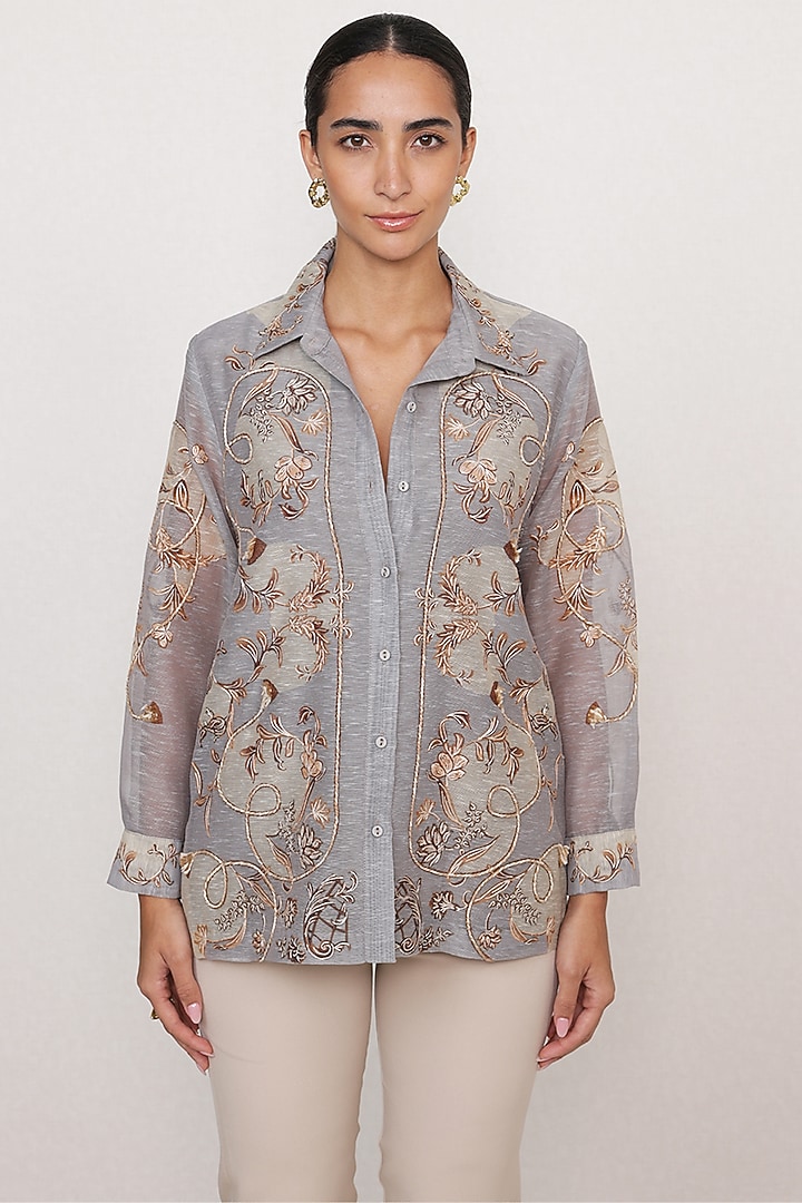 Grey Linen Printed & Embroidered Shirt by Ranna Gill at Pernia's Pop Up Shop