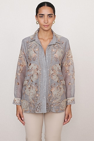 Grey Linen Printed & Embroidered Shirt by Ranna Gill