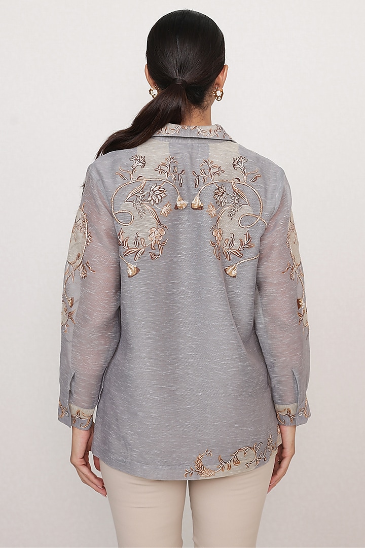 Grey Linen Printed & Embroidered Shirt by Ranna Gill at Pernia's Pop Up Shop
