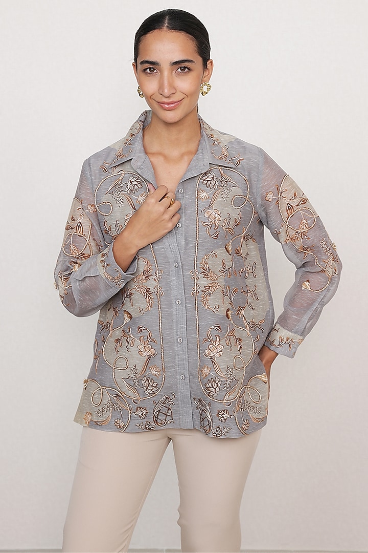 Grey Linen Printed & Embroidered Shirt by Ranna Gill at Pernia's Pop Up Shop