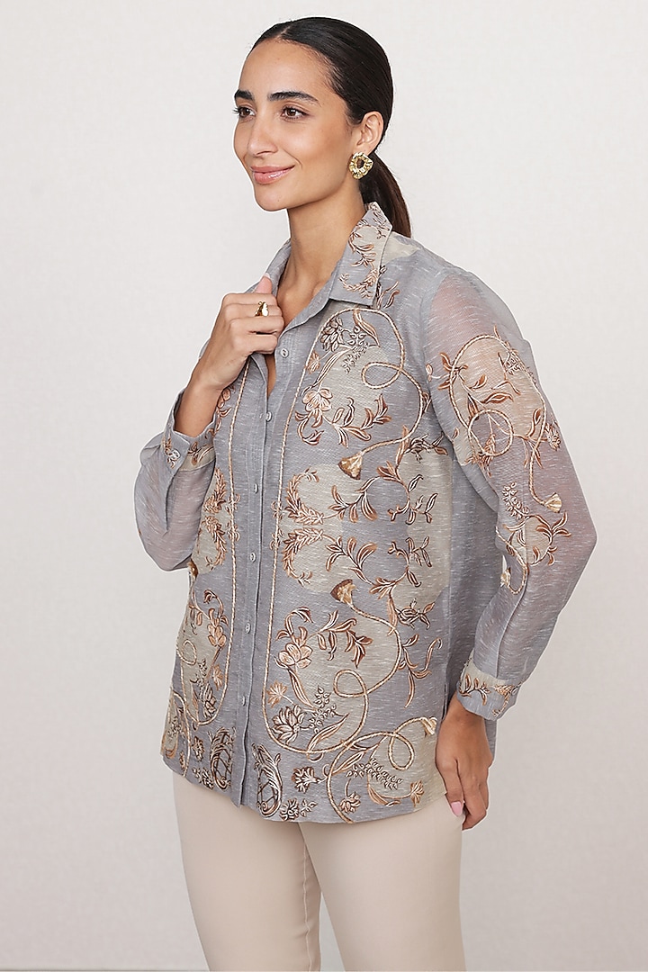 Grey Linen Printed & Embroidered Shirt by Ranna Gill at Pernia's Pop Up Shop