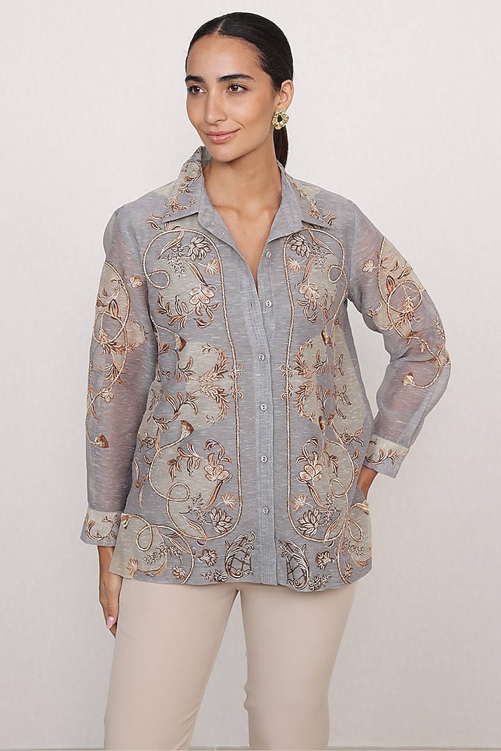 Grey Linen Printed & Embroidered Shirt by Ranna Gill at Pernia's Pop Up Shop