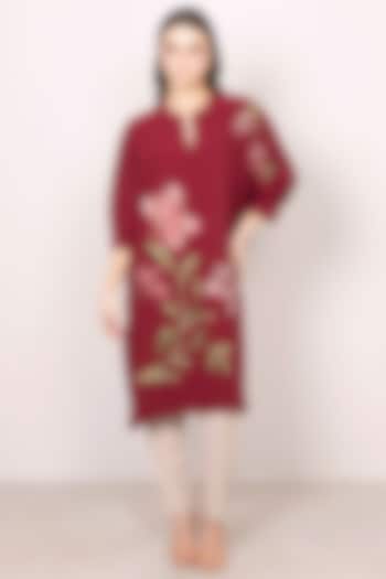 Maroon Crepe Blend Floral Work Tunic by Ranna Gill at Pernia's Pop Up Shop