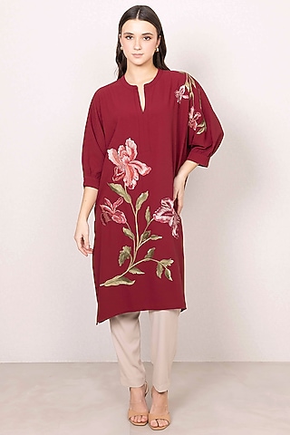 Maroon Crepe Blend Floral Work Tunic by Ranna Gill
