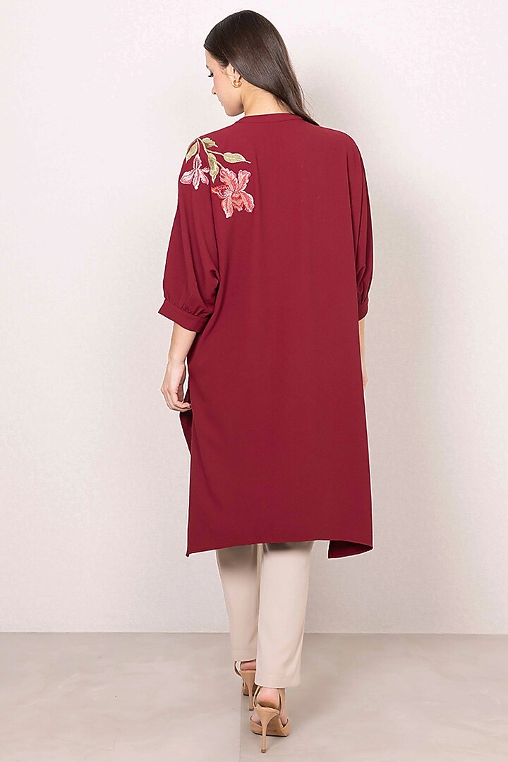 Maroon Crepe Blend Floral Work Tunic by Ranna Gill at Pernia's Pop Up Shop