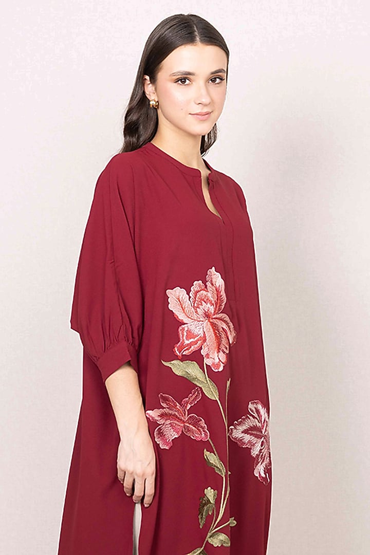Maroon Crepe Blend Floral Work Tunic by Ranna Gill at Pernia's Pop Up Shop