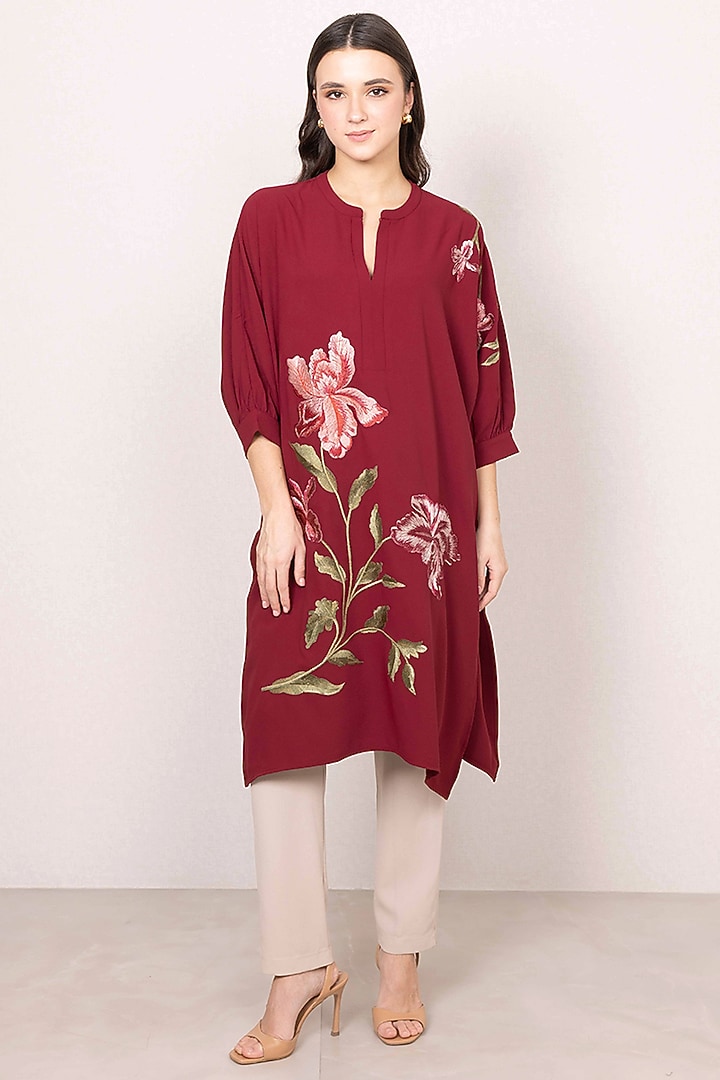 Maroon Crepe Blend Floral Work Tunic by Ranna Gill at Pernia's Pop Up Shop