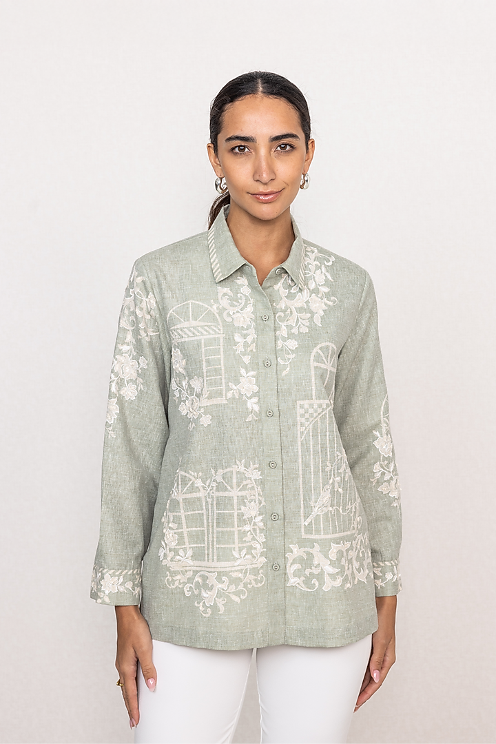 Pista Green Poly Flex Floral Printed Shirt by Ranna Gill at Pernia's Pop Up Shop