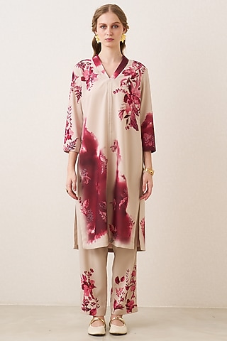 Red & Beige Poly Crepe Floral Printed Tunic Set by Ranna Gill