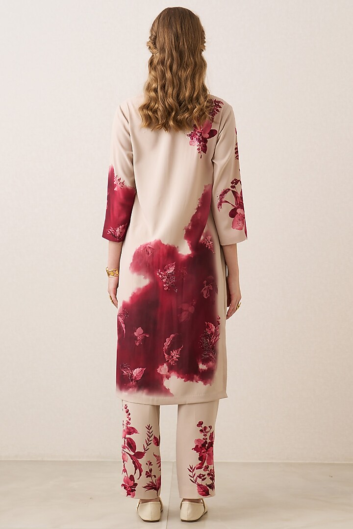 Red & Beige Poly Crepe Floral Printed Tunic Set by Ranna Gill at Pernia's Pop Up Shop